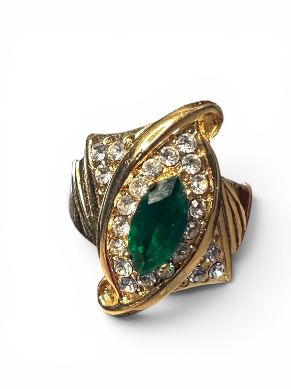 Vintage Gold Plated Emerald Green Rhinestone Statement Ring Size 8.25